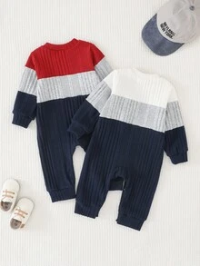 SHEIN 2件組男嬰連身衣 可愛海軍藍紅白三色拼接羅紋長袖圓領休閒款 假日秋季聖誕套裝 按扣式 - 彩色 - 查看 2