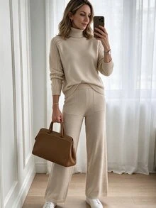 Louniche Sweater Lengan Raglan Kerah Tinggi & Celana Rajut - Aprikot - View 6