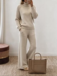 Louniche Sweater Lengan Raglan Kerah Tinggi & Celana Rajut - Aprikot - View 3
