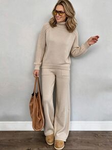 Louniche Sweater Lengan Raglan Kerah Tinggi & Celana Rajut - Aprikot - View 1