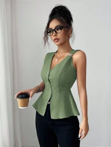 Elenzga 新款时尚金属扣V领无袖上衣，收腰设计，百搭女士夏季款 - 綠色 - 查看 6