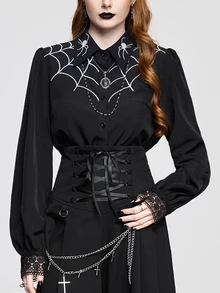 ROMWE Women's Gothic Dark Spider Web Embroidered Blouse Top, Layerable - Black - View 7
