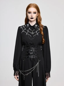 ROMWE Women's Gothic Dark Spider Web Embroidered Blouse Top, Layerable - Black - View 4
