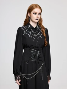 ROMWE Women's Gothic Dark Spider Web Embroidered Blouse Top, Layerable - Black - View 5