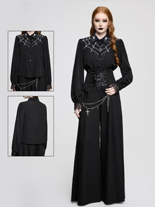 ROMWE Women's Gothic Dark Spider Web Embroidered Blouse Top, Layerable - Black - View 1