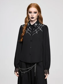 ROMWE Women's Gothic Dark Spider Web Embroidered Blouse Top, Layerable - Black - View 6
