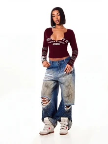 SUMWON WOMEN Deep V-Neck Long Sleeve Crop Top With Collegiate Graphic Print And Sleeve Stamp Details - Fall Winter Essential - Burgundy - View 5