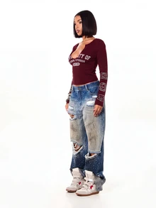 SUMWON WOMEN Deep V-Neck Long Sleeve Crop Top With Collegiate Graphic Print And Sleeve Stamp Details - Fall Winter Essential - Burgundy - View 3