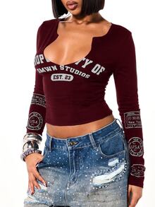 SUMWON WOMEN Deep V-Neck Long Sleeve Crop Top With Collegiate Graphic Print And Sleeve Stamp Details - Fall Winter Essential - Burgundy - View 4