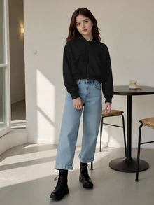 青少年女孩秋季黑色短版拉鍊運動衫，純色落肩口袋連帽外套，秋季 Y2K 運動風長袖夾克 - 黑色 - 查看 5