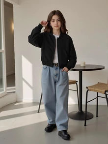 青少年女孩秋季黑色短版拉鍊運動衫，純色落肩口袋連帽外套，秋季 Y2K 運動風長袖夾克 - 黑色 - 查看 6