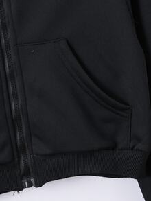 青少年女孩秋季黑色短版拉鍊運動衫，純色落肩口袋連帽外套，秋季 Y2K 運動風長袖夾克 - 黑色 - 查看 8
