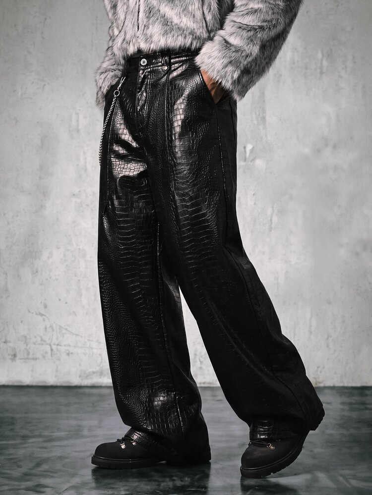 CalleClaro Men's Fashion Commuter Crocodile Pattern Wide Leg Pants - Black - View 1
