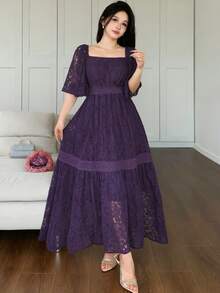 DAZY Vestido de largo medio con bloques de color, encaje y estampado floral para mujer, primavera verano - Morado - Ver 2