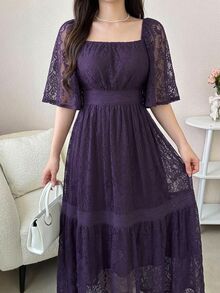 DAZY Vestido de largo medio con bloques de color, encaje y estampado floral para mujer, primavera verano - Morado - Ver 3
