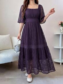 DAZY Vestido de largo medio con bloques de color, encaje y estampado floral para mujer, primavera verano - Morado - Ver 7