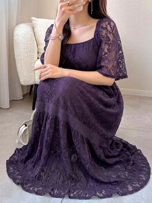 DAZY Vestido de largo medio con bloques de color, encaje y estampado floral para mujer, primavera verano - Morado - Ver 5