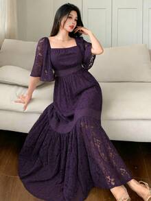 DAZY Vestido de largo medio con bloques de color, encaje y estampado floral para mujer, primavera verano - Morado - Ver 4