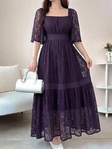 DAZY Vestido de largo medio con bloques de color, encaje y estampado floral para mujer, primavera verano - Morado - Ver 6