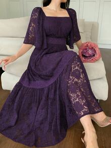 DAZY Vestido de largo medio con bloques de color, encaje y estampado floral para mujer, primavera verano - Morado - Ver 1