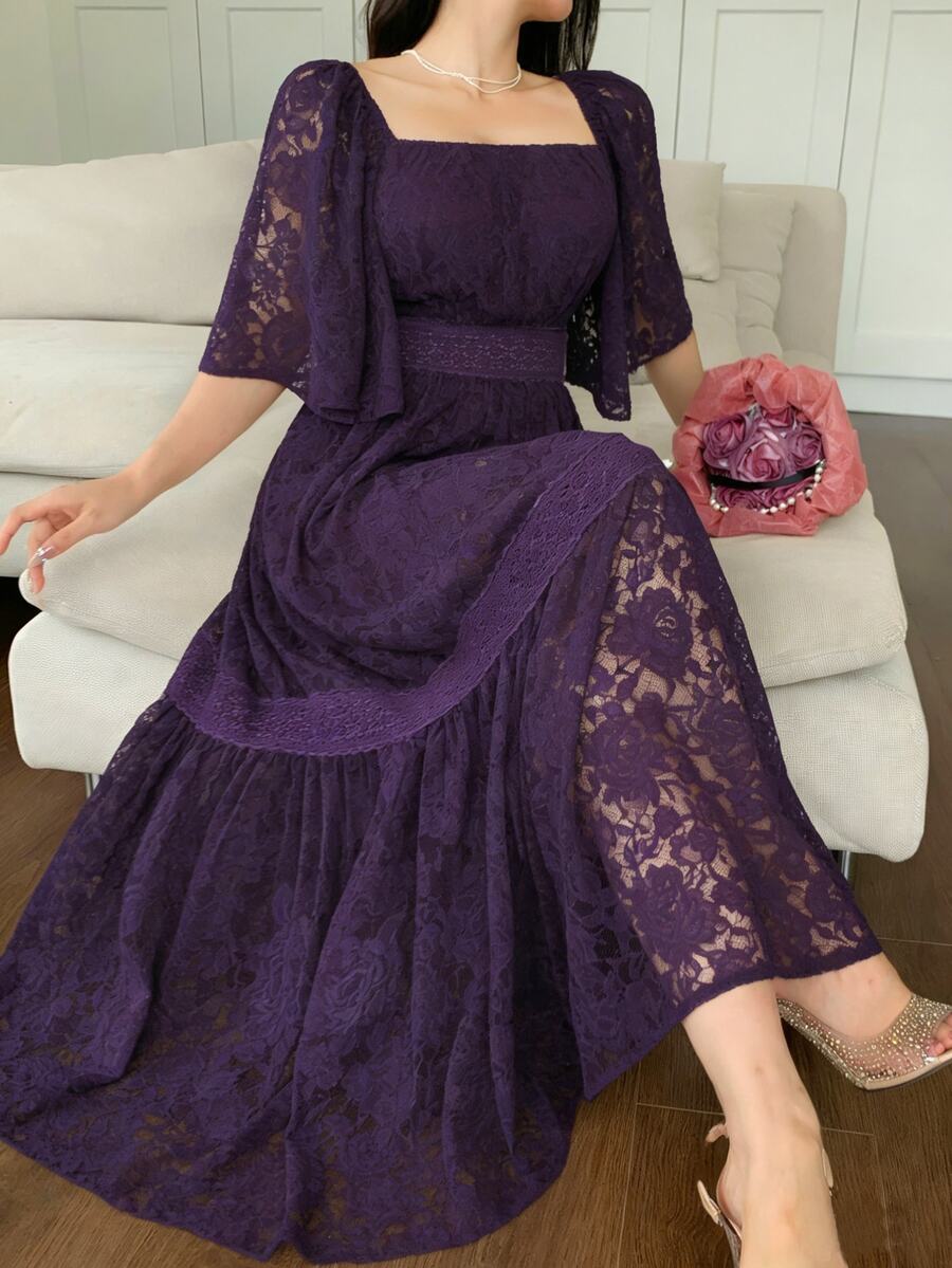 DAZY Vestido de largo medio con bloques de color, encaje y estampado floral para mujer, primavera verano - Morado - Ver 1