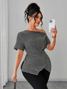 Elenzga Camiseta ajustada con diseño asimétrico y fruncido a rayas para mujer de talla grande, adecuada para uso diario, citas casuales, trabajo/traslados, vacaciones/salidas - Blanco y Negro - Ver 7
