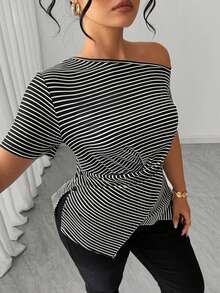Elenzga Camiseta ajustada con diseño asimétrico y fruncido a rayas para mujer de talla grande, adecuada para uso diario, citas casuales, trabajo/traslados, vacaciones/salidas - Blanco y Negro - Ver 8