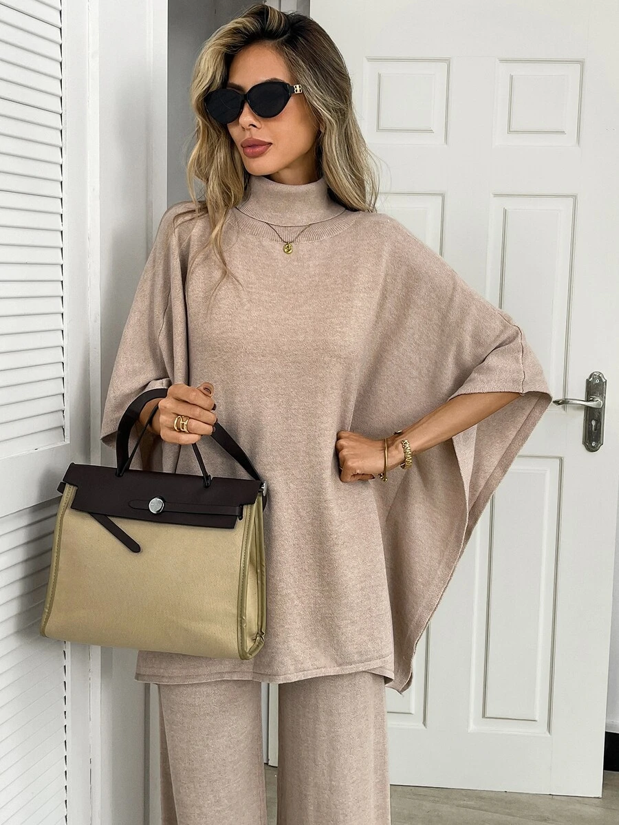 Elyressa Setelan 2 Potong Wanita: Sweater Leher Tinggi dengan Hem Asimetris dan Celana Longgar dengan Tali Serut di Pinggang - Khaki - View 1