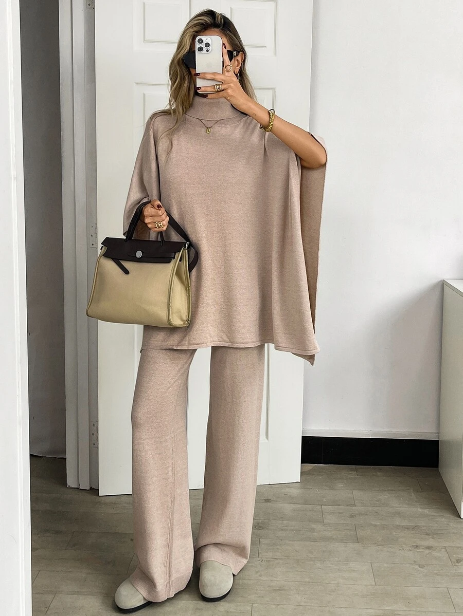 Elyressa Women's High Neck Asymmetrical Hem Sweater And Drawstring Waist Loose Pants 2 Pieces Set - Khaki - View 1