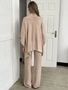 Elyressa Women's High Neck Asymmetrical Hem Sweater And Drawstring Waist Loose Pants 2 Pieces Set - Khaki - View 2