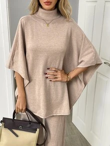 Elyressa Women's High Neck Asymmetrical Hem Sweater And Drawstring Waist Loose Pants 2 Pieces Set - Khaki - View 6
