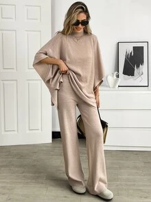 Elyressa Women's High Neck Asymmetrical Hem Sweater And Drawstring Waist Loose Pants 2 Pieces Set - Khaki - View 4