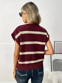 Balvessa 女款多色橫條紋圓領捲邊無袖羅紋下擺休閒針織背心 - 彩色 - 查看 2