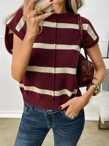 Balvessa 女款多色橫條紋圓領捲邊無袖羅紋下擺休閒針織背心 - 彩色 - 查看 1