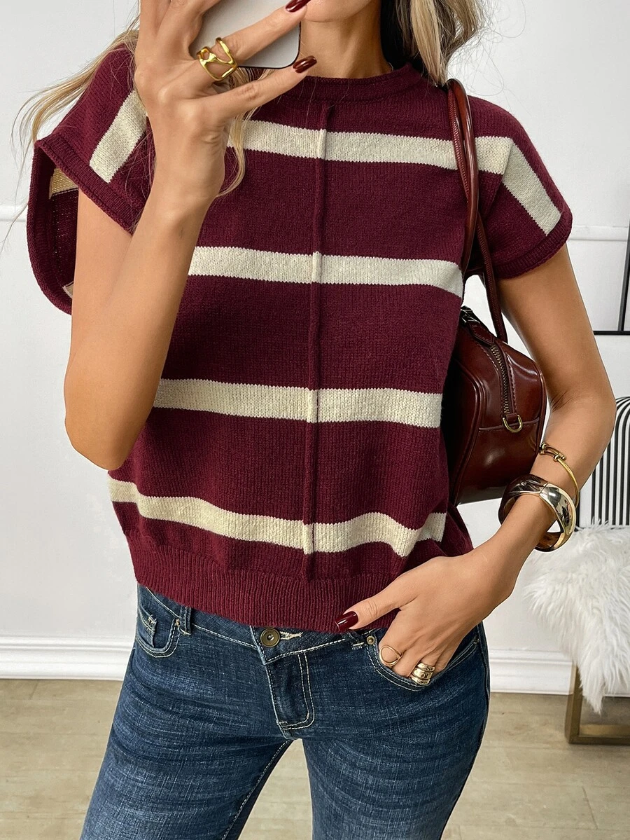 Balvessa 女款多色橫條紋圓領捲邊無袖羅紋下擺休閒針織背心 - 彩色 - 查看 1