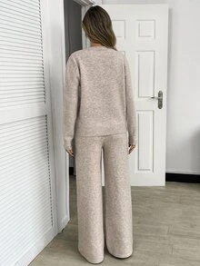 Balvessa Women's Solid Color Button Half-Placket Long Sleeve Sweater And Knit Pants Casual Set - Champagne - View 3