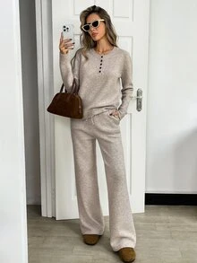 Balvessa Women's Solid Color Button Half-Placket Long Sleeve Sweater And Knit Pants Casual Set - Champagne - View 4