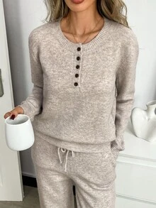 Balvessa Women's Solid Color Button Half-Placket Long Sleeve Sweater And Knit Pants Casual Set - Champagne - View 6