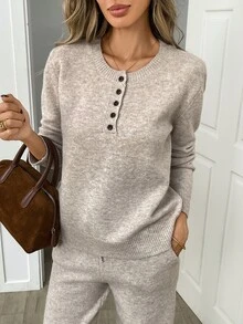 Balvessa Women's Solid Color Button Half-Placket Long Sleeve Sweater And Knit Pants Casual Set - Champagne - View 5