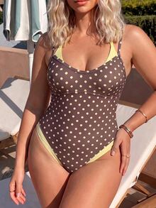 Swim Mod 2026 New Spring/Summer Plus Size Brown Base Yellow Polka Dot Random Print With Yellow Patchwork 2 In 1 Adjustable Strap Women's One-Piece Swimsuit Suitable For Beach Vacation Wear - Multicolor - View 3