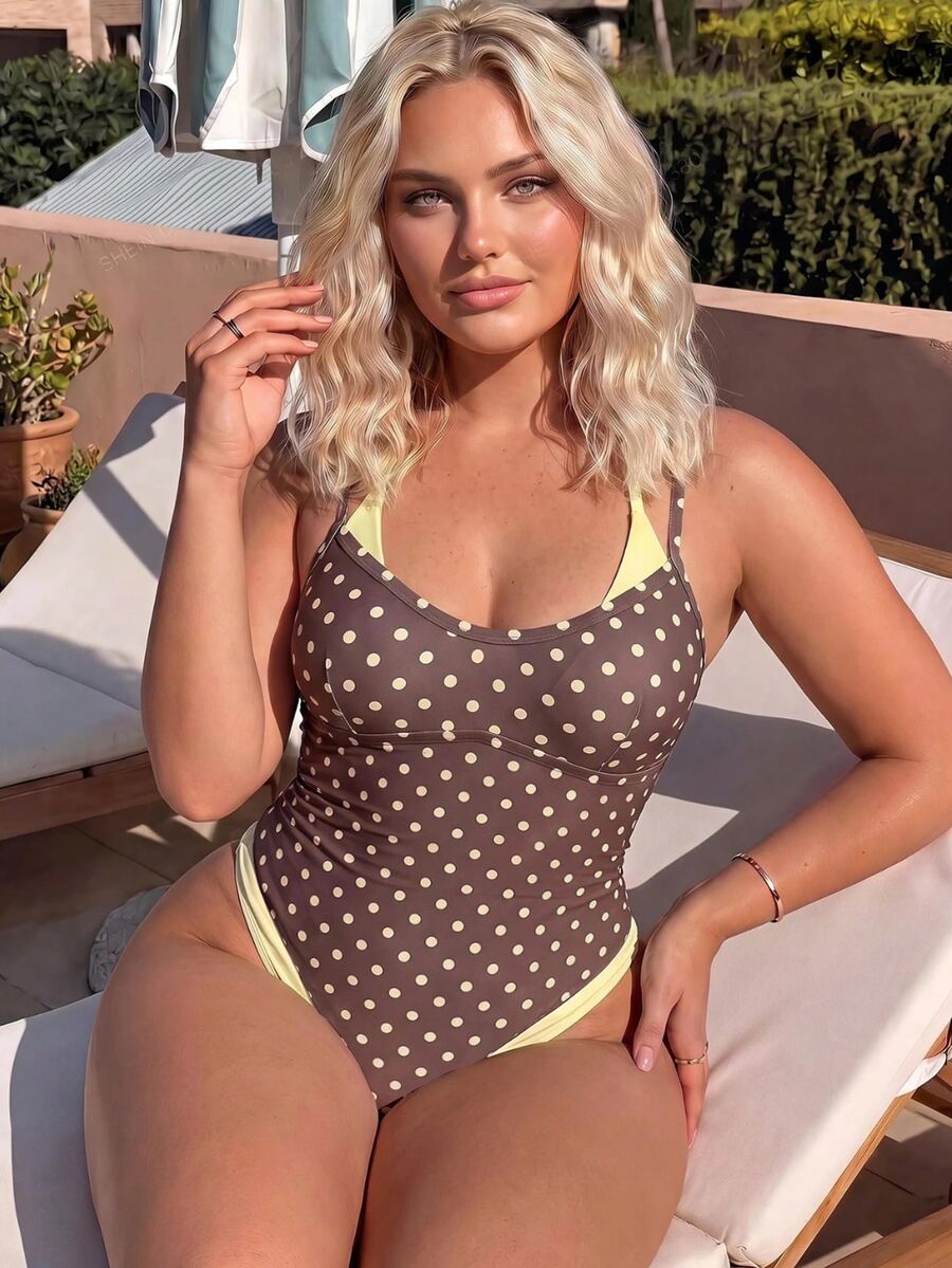 SHEIN Swim 2026 New Spring/Summer Plus Size Brown Base Yellow Polka Dot Random Print With Yellow Patchwork 2 In 1 Adjustable Strap Women's One-Piece Swimsuit Suitable For Beach Vacation Wear - Multicolor - View 1