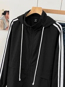 SHEIN EZwear Plus Size Women's Striped Colorblock Zipper Placket Hooded Jacket Fall - Black and White - View 5