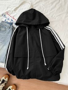 SHEIN EZwear Plus Size Women's Striped Colorblock Zipper Placket Hooded Jacket Fall - Black and White - View 3