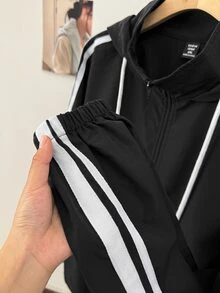 SHEIN EZwear Plus Size Women's Striped Colorblock Zipper Placket Hooded Jacket Fall - Black and White - View 4
