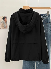 SHEIN EZwear Plus Size Women's Striped Colorblock Zipper Placket Hooded Jacket Fall - Black and White - View 2