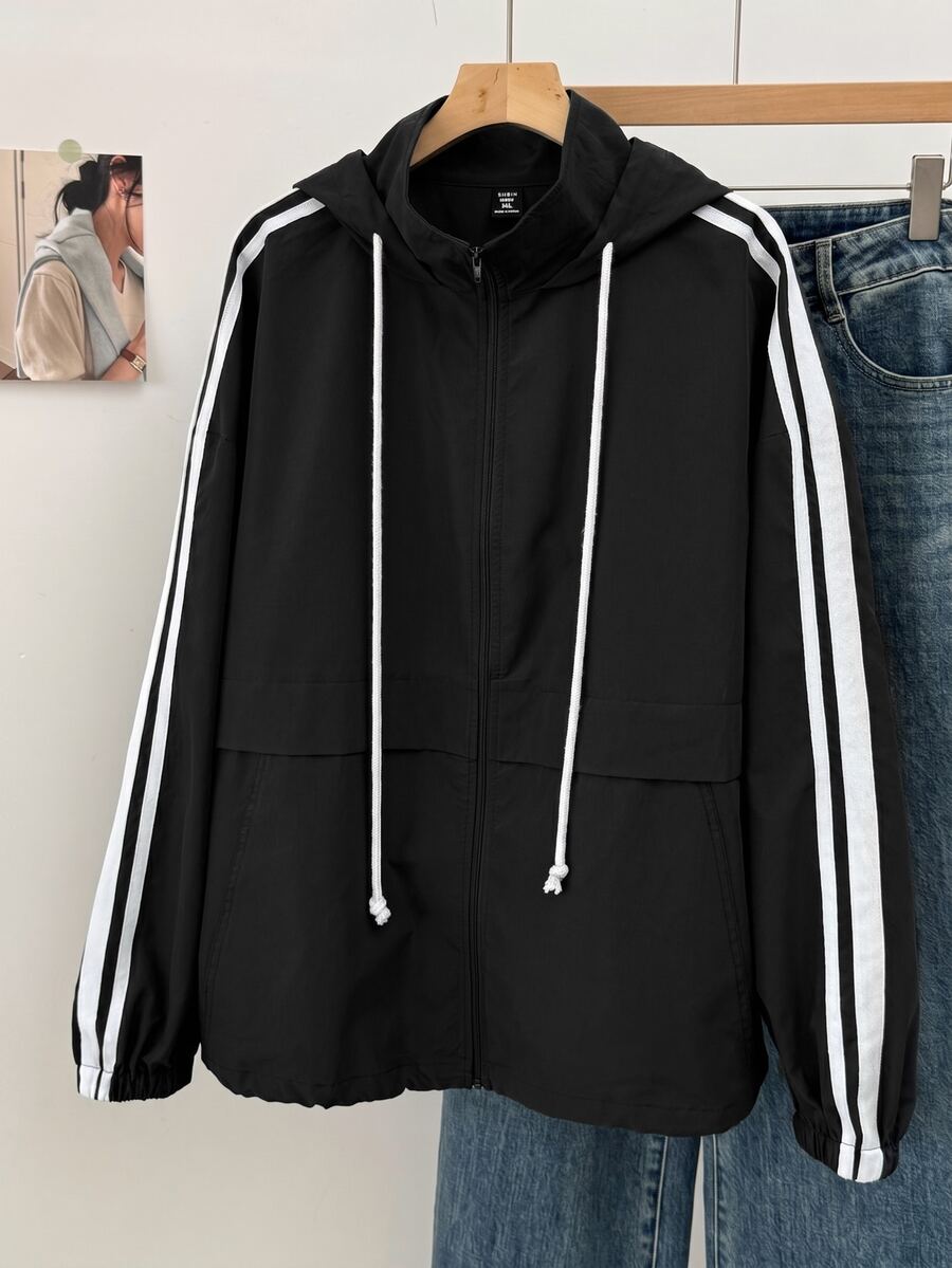 SHEIN EZwear Plus Size Women's Striped Colorblock Zipper Placket Hooded Jacket Fall - Black and White - View 1