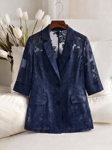 Franclia Plus Size Women's Elegant Vintage French Sexy Cute Commuter Jacquard Fabric Chiffon Semi-Sheer 3/4 Sleeve Blazer Black Jacket Spring/Summer Fall - Blue - View 7