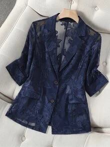 Franclia Plus Size Women's Elegant Vintage French Sexy Cute Commuter Jacquard Fabric Chiffon Semi-Sheer 3/4 Sleeve Blazer Black Jacket Spring/Summer Fall - Blue - View 1