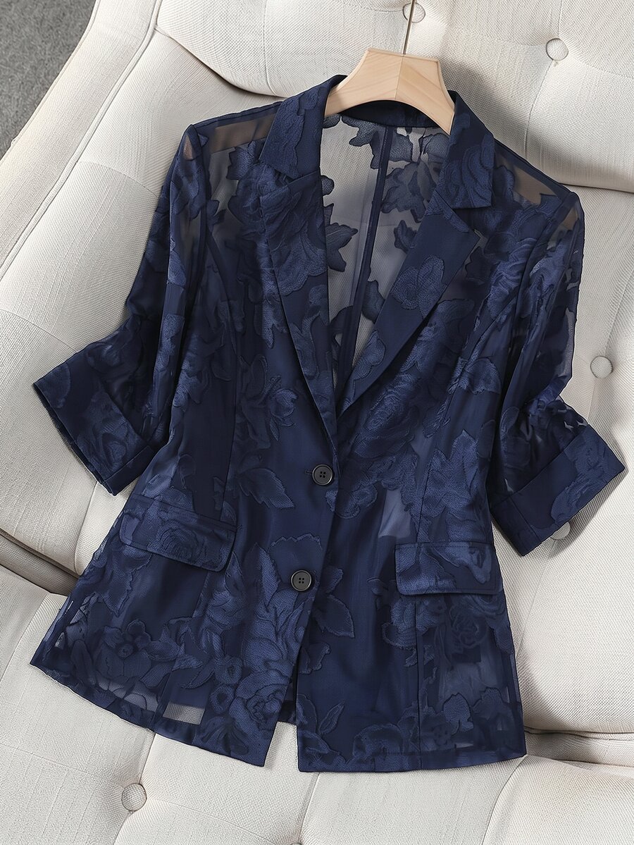 Franclia Plus Size Women's Elegant Vintage French Sexy Cute Commuter Jacquard Fabric Chiffon Semi-Sheer 3/4 Sleeve Blazer Black Jacket Spring/Summer Fall - Blue - View 1
