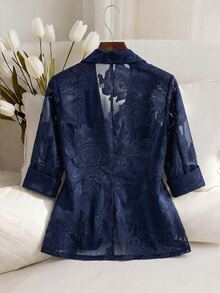 Franclia Plus Size Women's Elegant Vintage French Sexy Cute Commuter Jacquard Fabric Chiffon Semi-Sheer 3/4 Sleeve Blazer Black Jacket Spring/Summer Fall - Blue - View 2